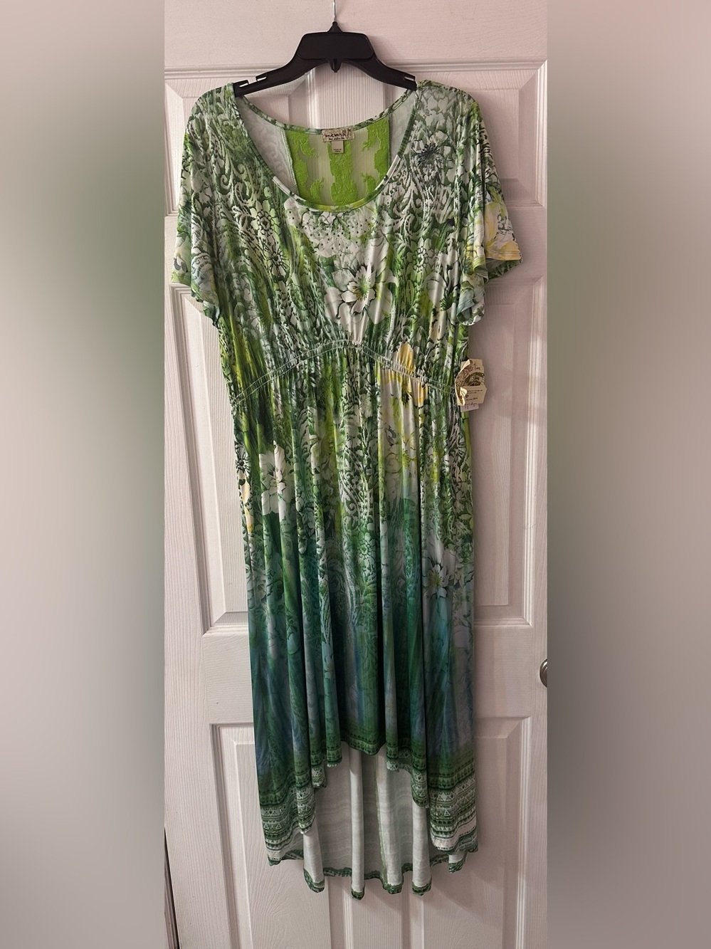 One World Live Let Live Maxi Dress 1X Green Floral Rhinestone Boho Hi Low NWT